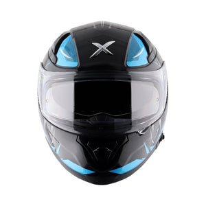 Motodrift Axor Apex Hunter full-face motorcycle helmet in black with blue prism graphic accents and clear visor