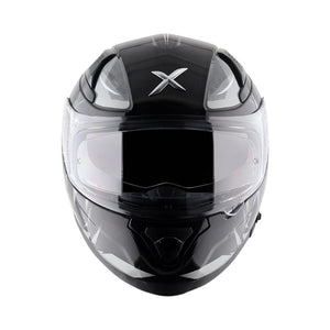 Motodrift Axor Apex Hunter full-face motorcycle helmet in black with futuristic prism graphics and clear visor