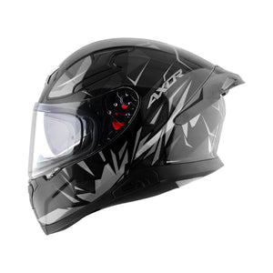 Motodrift Axor Apex Hunter full-face motorcycle helmet in black with futuristic angular prism graphic design