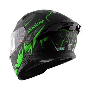 Motodrift Axor Apex Hunter full-face motorcycle helmet in black and green with angular prism graphics and rear spoiler