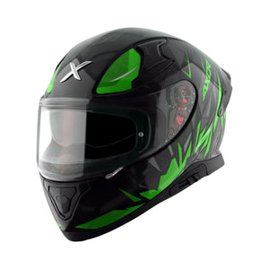 Motodrift Axor Apex Hunter full-face motorcycle helmet in black with vibrant green angular prism graphic details.