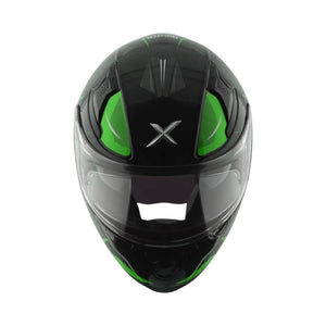 Motodrift Axor Apex Hunter full-face motorcycle helmet in black and green with a futuristic prism graphic design