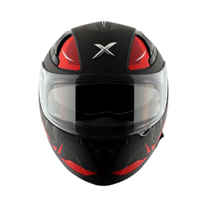 Motodrift Axor Apex Hunter full-face motorcycle helmet in black and red with a futuristic graphic and clear visor