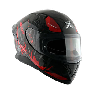 Motodrift Axor Apex Hunter full-face helmet in black and red with angular prism graphics and clear visor