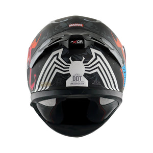 Motodrift Axor Apex Marvel Venom helmet rear view featuring a white spider emblem and aerodynamic spoiler