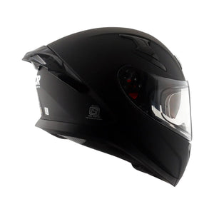 Motodrift Axor Apex solid matte black full-face motorcycle helmet with clear visor and aerodynamic design