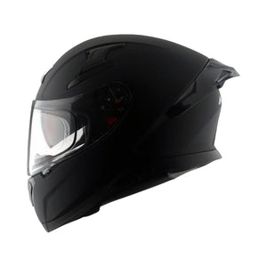 Motodrift Axor Apex solid matte black full-face motorcycle helmet with clear visor and aerodynamic rear spoiler