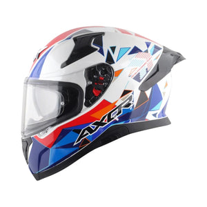 Motodrift Axor Apex Prism full-face helmet in white with blue, red, and orange geometric graphic design