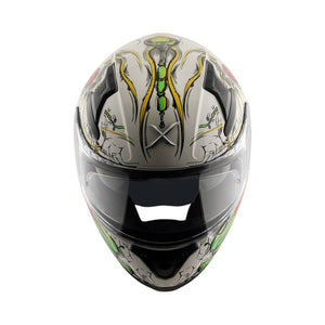 Motodrift Axor Apex Seadevil sport touring helmet with white shell and green and yellow graphic design, front view.