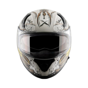 Motodrift Axor Apex Seadevil full-face sport touring helmet with white and gold graphic design, front view.