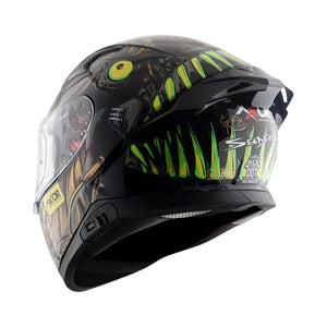 Motodrift Axor Apex Seadevil full face helmet with black base and green monster graphic, rear view with spoiler
