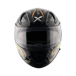 Motodrift Axor Apex Seadevil full-face sport touring helmet in black with gold graphic details and clear visor
