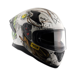Motodrift Axor Apex Seadevil full-face helmet with white base and detailed graphic art, featuring an integrated spoiler.