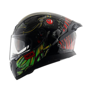 Motodrift Axor Apex Seadevil full face motorcycle helmet with black, red, and green graphic design and rear spoiler