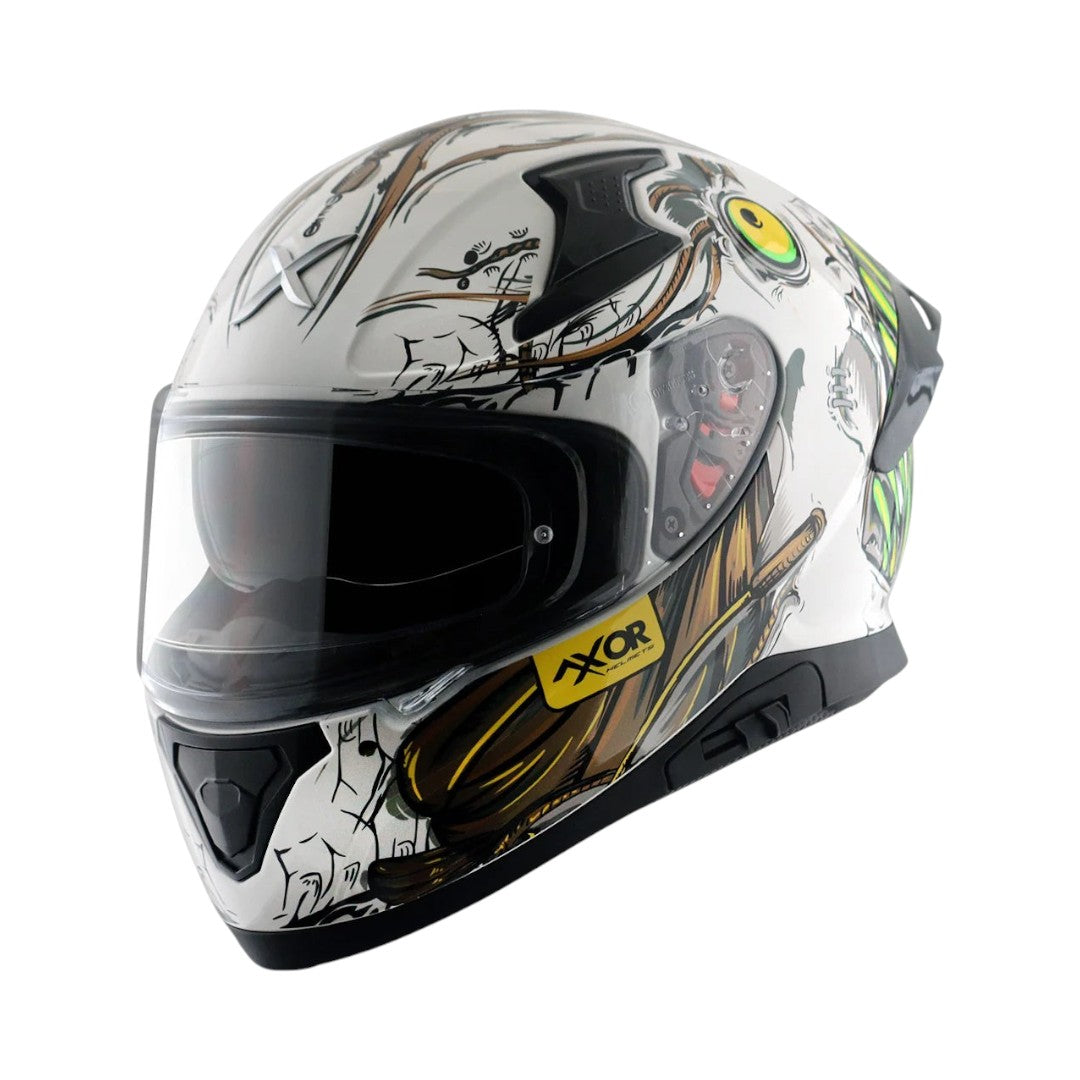 Motodrift Axor Apex Seadevil full-face helmet with white graphic shell, integrated spoiler, and clear visor