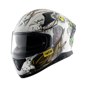 Motodrift Axor Apex Seadevil full-face helmet with white graphic shell, integrated spoiler, and clear visor