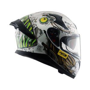 Motodrift Axor Apex Seadevil full face motorcycle helmet with aggressive monster graphic in white, black, and green