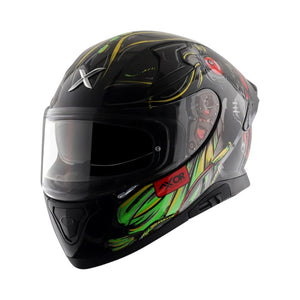 Motodrift Axor Apex Seadevil full-face motorcycle helmet in black with vibrant green and red graphic design