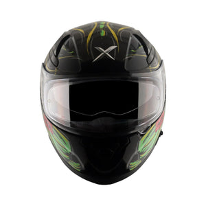 Motodrift Axor Apex Seadevil full-face motorcycle helmet in black with green and yellow graphic details