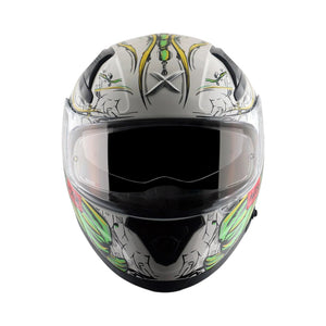 Motodrift Axor Apex Seadevil full face motorcycle helmet with grey, green, and yellow graphic design and clear visor