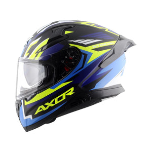 Motodrift Axor Apex Streak full-face motorcycle helmet in black, blue, and neon yellow with futuristic prism graphics