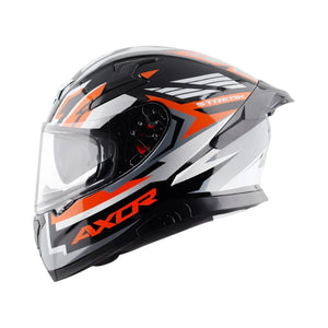 Motodrift Axor Apex Streak full-face motorcycle helmet in black, white, and orange with futuristic prism graphics