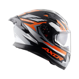 Motodrift Axor Apex Streak full-face motorcycle helmet in black, grey, and orange with futuristic prism graphics.
