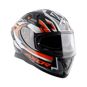 Motodrift Axor Apex Streak full-face motorcycle helmet in black, white, and orange with futuristic prism graphics