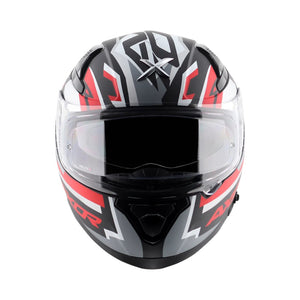 Motodrift Axor Apex Streak full-face helmet in black, grey, and red with futuristic prism graphics and clear visor