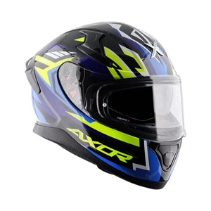 Motodrift Axor Apex Streak full-face motorcycle helmet in blue and neon yellow with futuristic angular graphics
