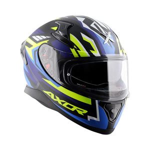 Motodrift Axor Apex Streak full-face motorcycle helmet in black, blue, and neon yellow with futuristic prism graphics.