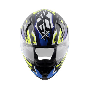 Motodrift Axor Apex Streak full-face helmet in black, blue, and yellow with futuristic prism graphic design