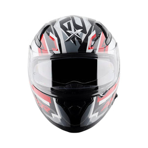 Motodrift Axor Apex Streak full-face motorcycle helmet in black, white, and red with futuristic prism graphic design.
