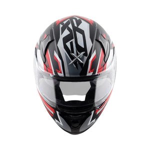 Motodrift Axor Apex Streak full-face helmet in black, grey, and red with a futuristic angular prism graphic design