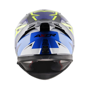 Motodrift Axor Apex Streak full-face motorcycle helmet in blue, black, and neon yellow with angular prism graphics