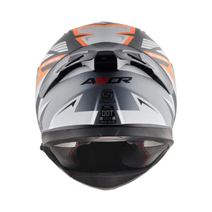 Motodrift Axor Apex Streak full-face helmet in grey and orange with angular graphics, rear view showing ventilation.