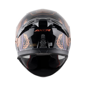 Motodrift Axor Apex Trance full-face helmet rear view featuring black finish with intricate copper graphic detailing