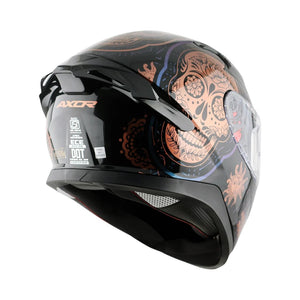 Motodrift Axor Apex Trance full-face motorcycle helmet in black with copper skull and floral graphic design