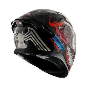Motodrift Axor Apex Marvel Venom sport touring helmet featuring a black finish with iconic Venom graphics and spoiler