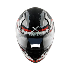 Motodrift Axor Apex Marvel Venom full-face motorcycle helmet with black and white graphic design and clear visor