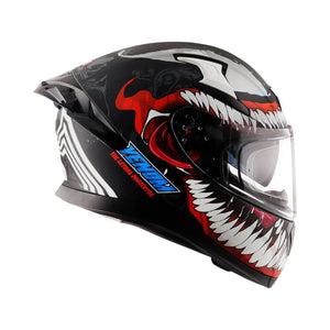 Motodrift Axor Apex Marvel Venom full-face motorcycle helmet with black finish and iconic sharp-toothed graphic design