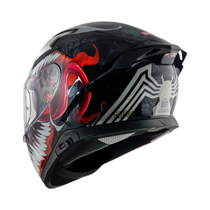 Motodrift Axor Apex Marvel Venom full-face motorcycle helmet with black and red graphic design and rear spoiler