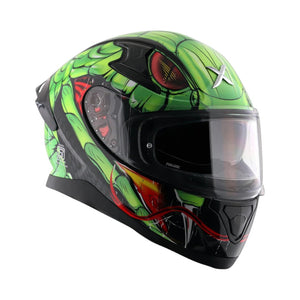 Motodrift Axor Apex Venomous helmet featuring a vibrant green snake graphic, clear visor, and aerodynamic design.
