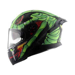 Motodrift Axor Apex Venomous helmet in green with aggressive snake graphic, clear visor, and rear spoiler side view