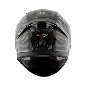 Motodrift Axor Apex Venomous helmet rear view showing integrated spoiler, safety certification labels, and branding.