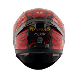 Motodrift Axor Apex Venomous helmet rear view featuring a red and black graphic design with an integrated spoiler.
