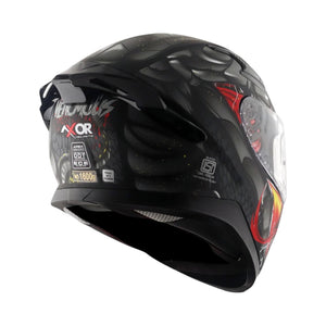 Motodrift Axor Apex Venomous sport-touring helmet in black with red graphic details, rear view showing spoiler