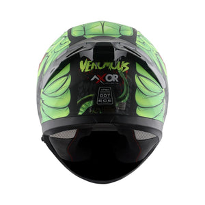 Motodrift Axor Apex Venomous helmet, rear view showing green snake-scale graphic, integrated spoiler, and safety labels.