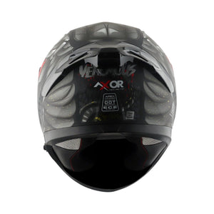 Motodrift Axor Apex Venomous helmet rear view showing integrated spoiler, safety certifications, and graphic design