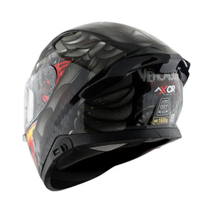 Motodrift Axor Apex Venomous sport-touring helmet, rear view showing integrated spoiler and graphic design.